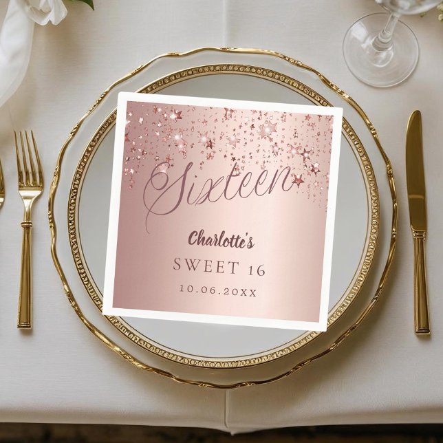 Rose gold script stars Sweet 16 Napkins (Creator Uploaded)