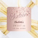 Rose gold script stars Sweet 16 Square Sticker<br><div class="desc">A modern,  stylish sticker for a Sweet 16.  Rose gold gradient background and the word Sixteen written with elegant large script letters in dark rose gold. Decorated with rose gold colored stars. Personalize and add a name and date.</div>