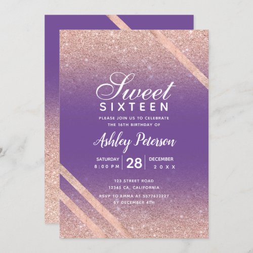 Rose gold script stripe glitter purple Sweet 16 Invitation