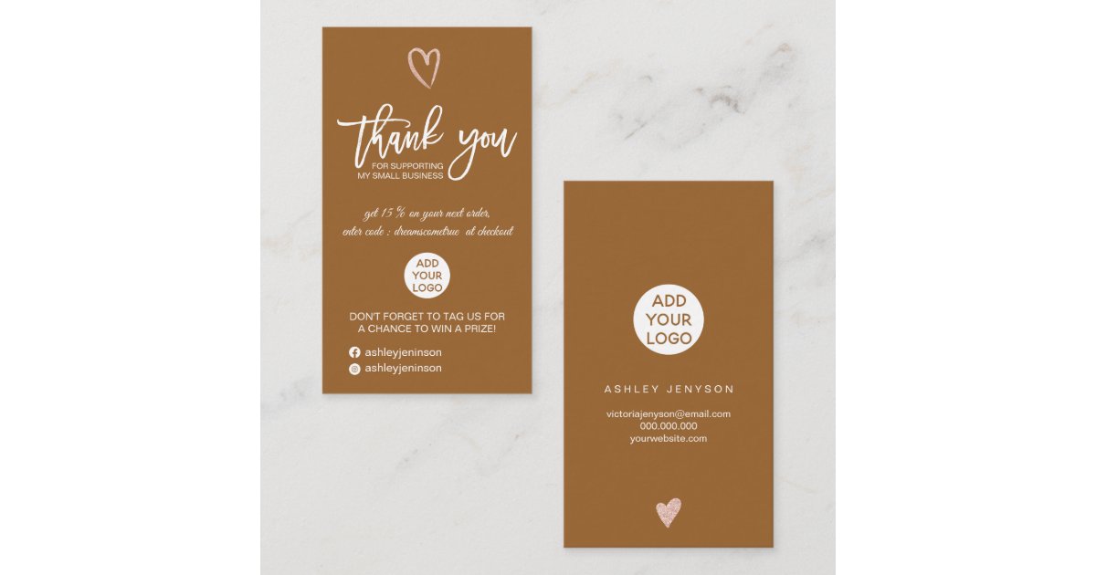 Rose gold script terracotta logo order thank you business card | Zazzle