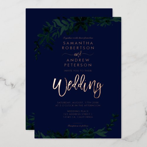Rose gold script typography Floral green wedding Foil Invitation