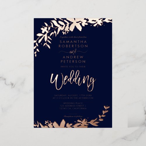 Rose gold script typography Floral navy wedding Foil Invitation