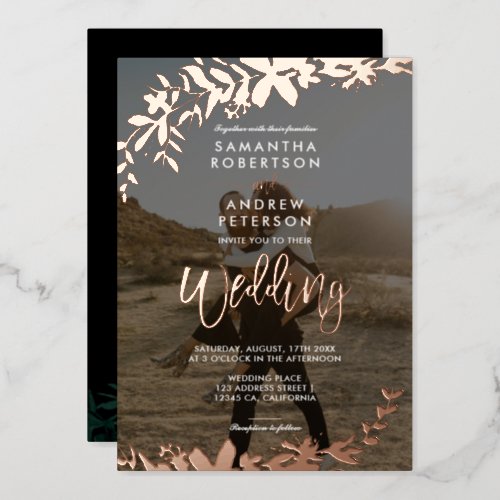 Rose gold script typography Floral photo wedding Foil Invitation