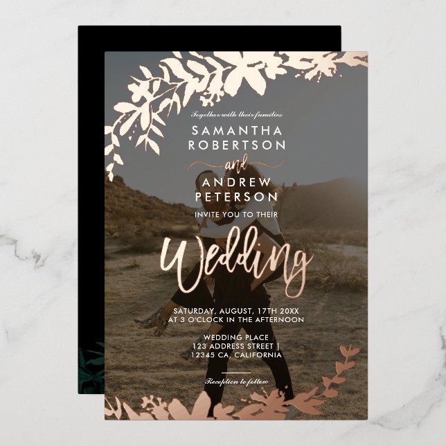 Rose gold script typography Floral photo wedding Foil Invitation (Front/Back)