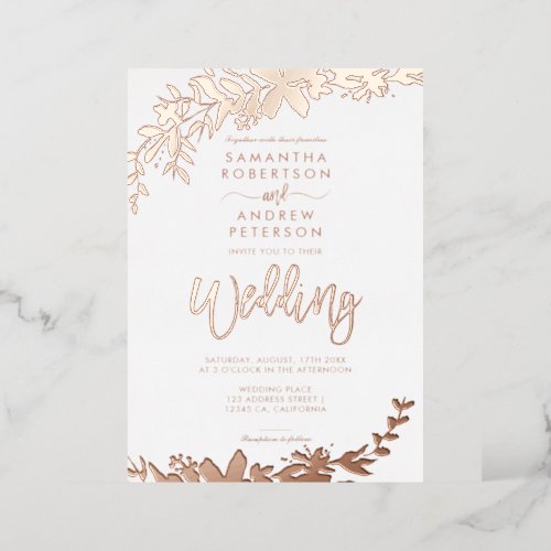 Rose gold script typography Floral white wedding  Foil Invitation