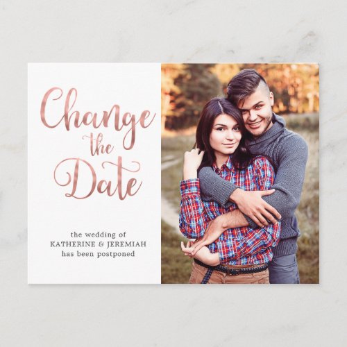 Rose Gold Script Wedding Postponement Date Change Postcard