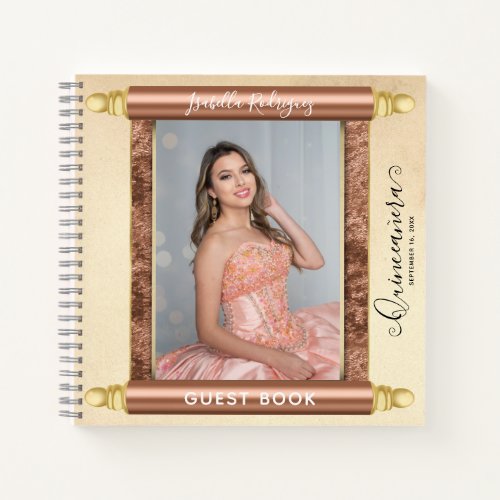 Rose Gold Scroll Photo Budget Quinceaera Guest Notebook