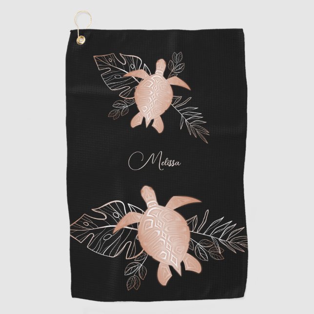 Rose Gold Sea Turtle Black Your Name Golf Towel (Front)
