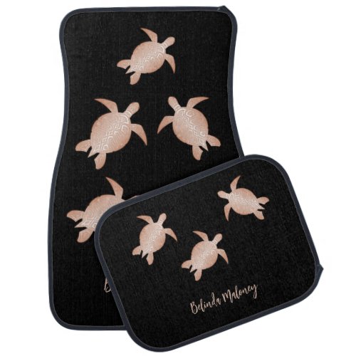 Rose Gold Sea Turtles Black Background Monogram Car Floor Mat
