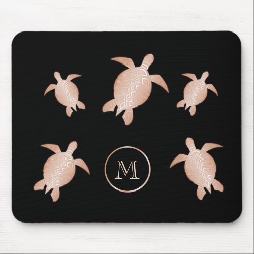 Rose Gold Sea Turtles Black Monogram Coastal Mouse Pad