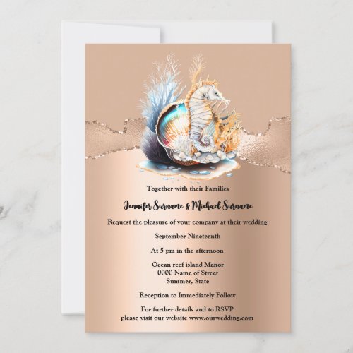 Rose gold seahorse shimmer iridescent shell coral invitation