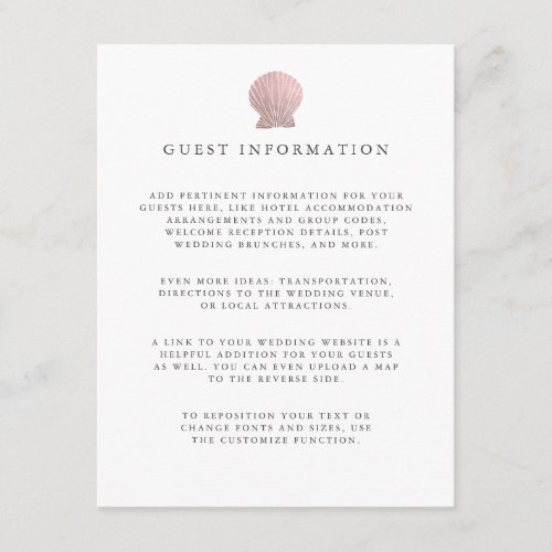 Rose gold Seashell coastal wedding guest Details Enclosure Card