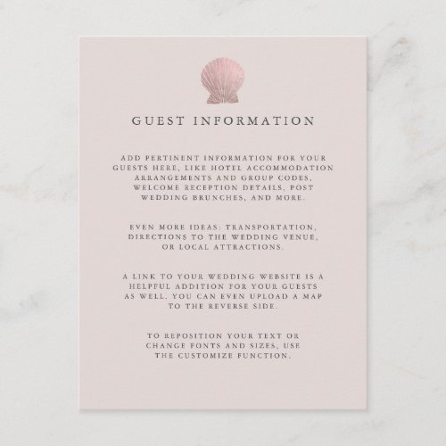 Rose gold Seashell coastal wedding guest Details Enclosure Card