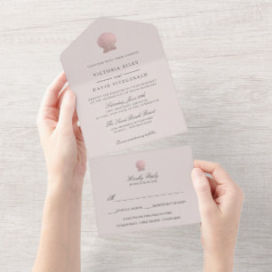 Rose Gold Seashell Elegant Ocean Beach PINK All In One Invitation