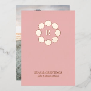 Rose Gold Seashell Wreath Seas And Greetings Photo Foil Holiday Card