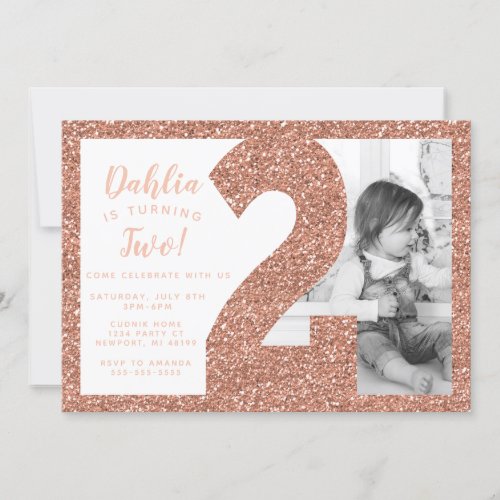 Rose Gold Second Birthday Invitation Faux Glitter Invitation