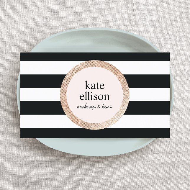 Rose Gold Sequin Black White Striped Beauty Salon Business Card (Creator Uploaded)