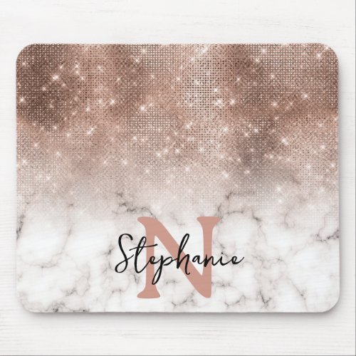 Rose Gold Sequin Glitter Marble Ombre Monogram Mouse Pad