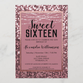 Rose Gold Sequin/Glitter Sweet 16 Birthday Party Invitation