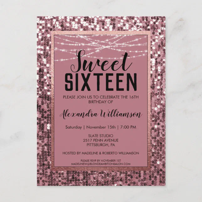 Rose Gold Sequin/Glitter Sweet 16 Birthday Party Postcard | Zazzle