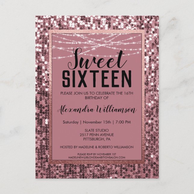 Rose Gold  Sequin/Glitter Sweet 16 Birthday Party Postcard (Front)