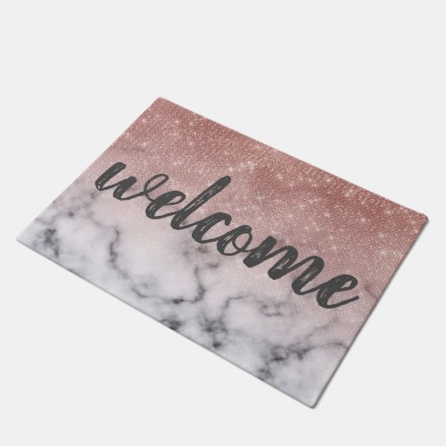 Rose Gold Sequin Glitter White Marble Ombre Doormat