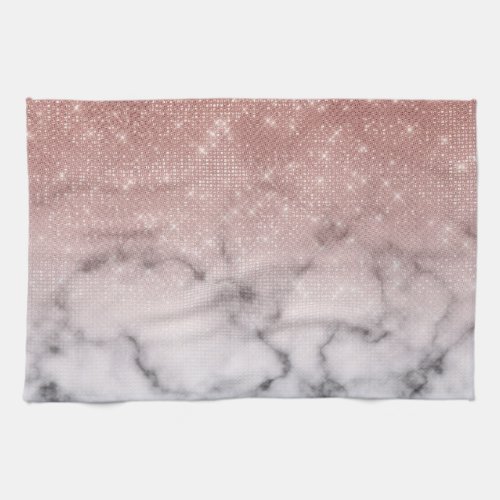Rose Gold Sequin Glitter White Marble Ombre Kitchen Towel