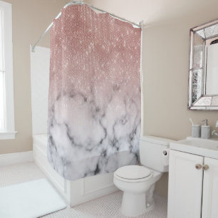 Rose Gold Sequin Glitter White Marble Ombre Shower Curtain