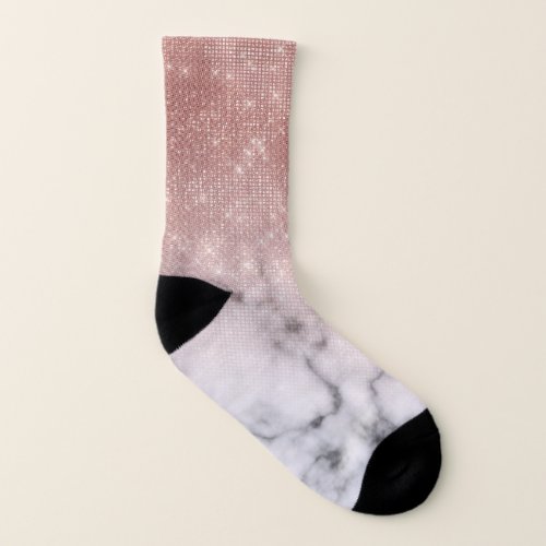 Rose Gold Sequin Glitter White Marble Ombre Socks