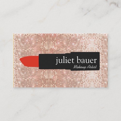 Rose Gold Sequin Modern Makeup Artist Lipstick Business Card