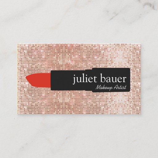 Customizable Rose Gold Sequin Modern Makeup Artist Lipstick Business Card