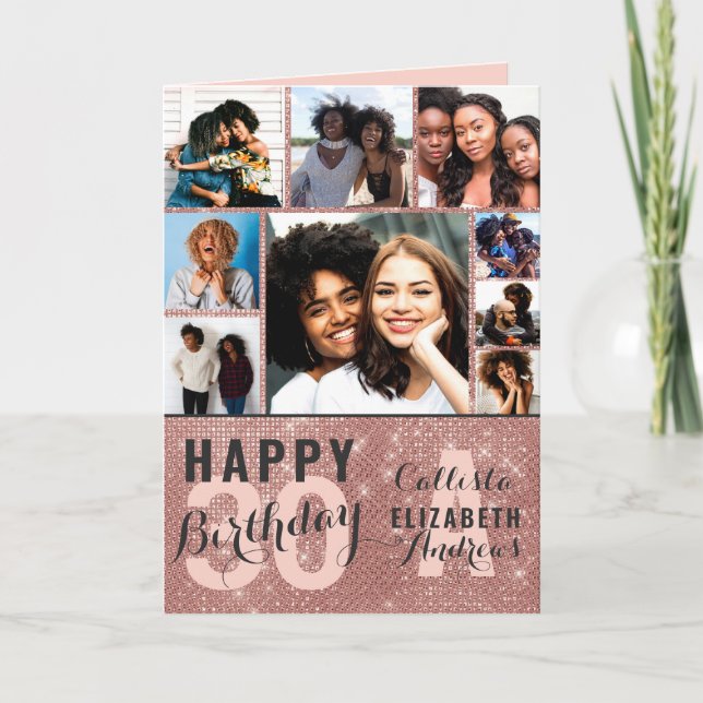 Rose Gold Sequin Photo Collage Happy Birthday Card (Front)
