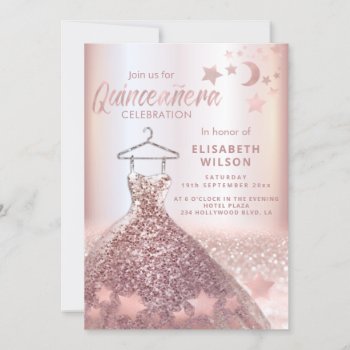 Rose Gold Sequins Dress Moon Stars Quinceañera  Invitation by Makidzona at Zazzle