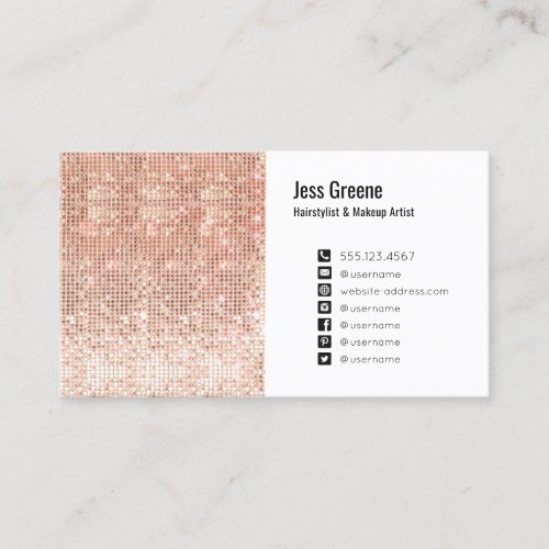 Rose Gold Sequins Social Media Icon Beauty Salon Business Card