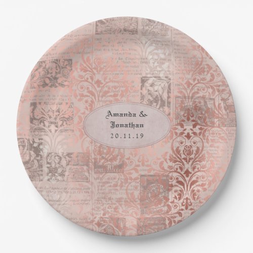 Rose Gold Shabby_Chic Damask Wedding Paper Plates