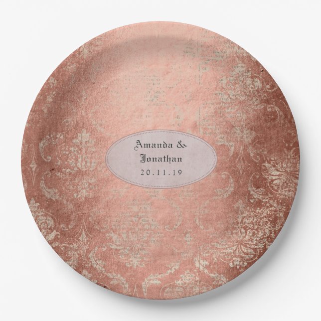 Rose Gold Shabby-Chic Damask Wedding Paper Plates (Front)