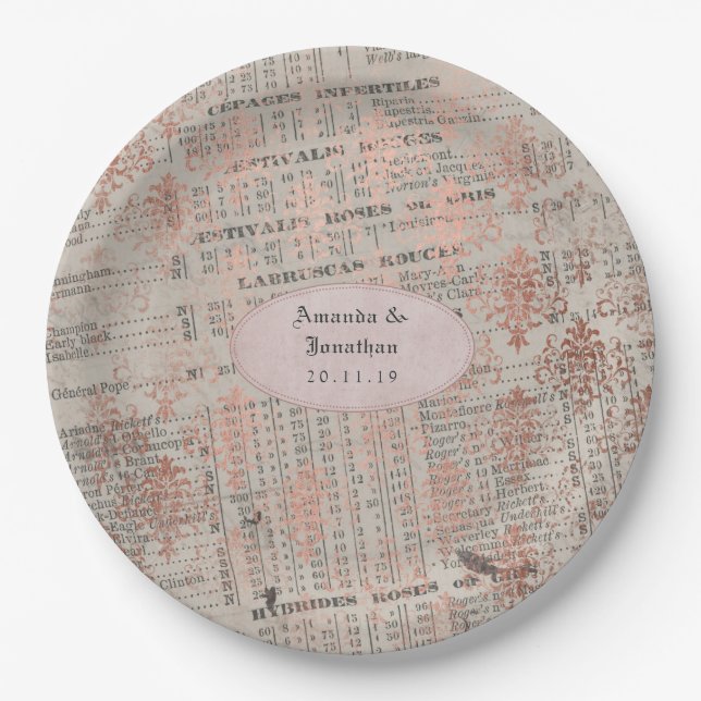 Rose Gold Shabby-Chic Newspaper Wedding Paper Plates (Front)