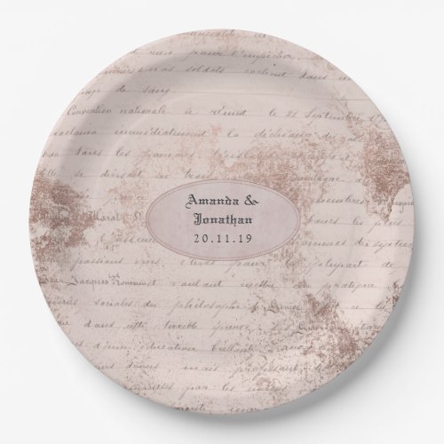 Rose Gold Shabby_Chic Vintage Calligraphy Wedding Paper Plates