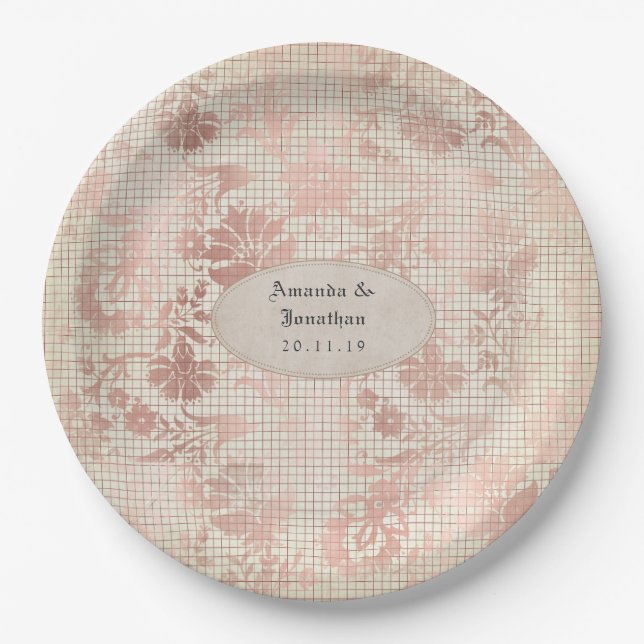 Rose Gold Shabby-Chic Wedding Paper Plates (Front)