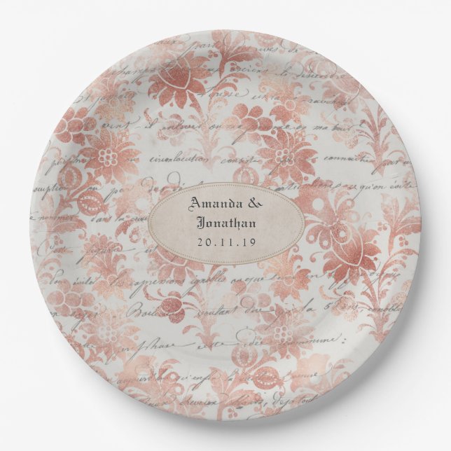 Rose Gold Shabby-Chic Wedding Paper Plates (Front)
