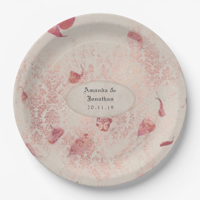 Rose Gold Shabby-Chic Wedding Paper Plates (Front)