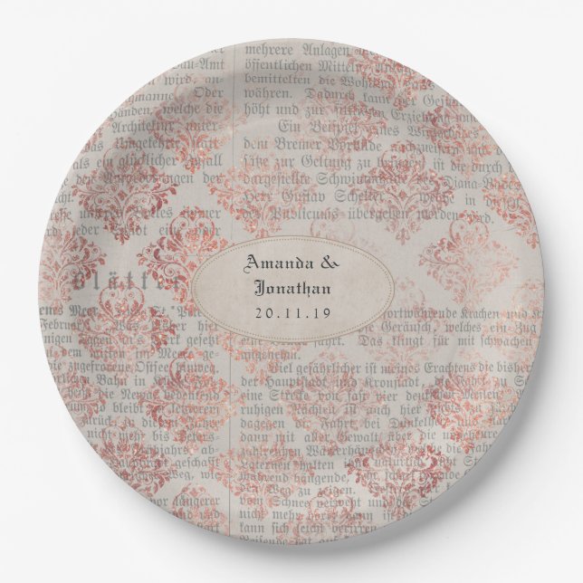 Rose Gold Shabby-Chic Wedding Paper Plates (Front)