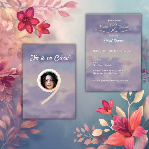 rose gold she is on cloud 9 photo bridal shower foil invitation