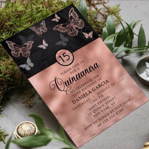 Rose Gold Shimmer Butterfly Modern Quinceaera Invitation