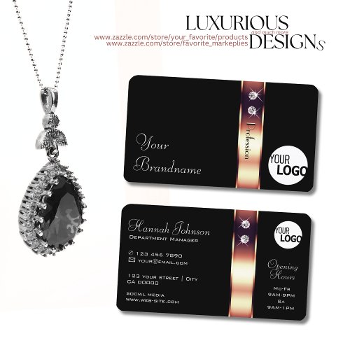 Rose Gold Shimmer Decor on Black Diamonds and Logo Business Card