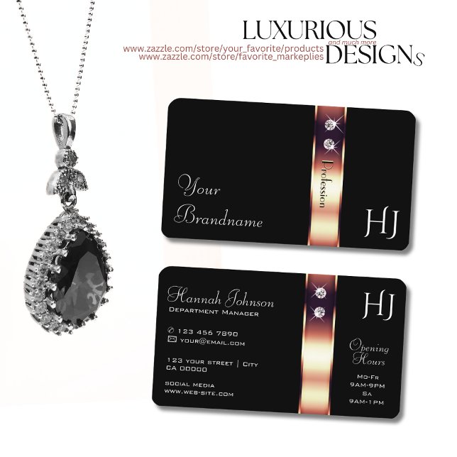 Rose Gold Shimmer Decor on Black Diamonds Initials Business Card (Creator Uploaded)