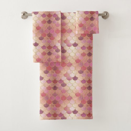 Rose Gold Shimmer Mermaid Scale Pattern Bath Towel Set