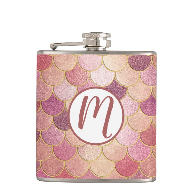 Rose Gold Shimmer Mermaid Scale Pattern Flask (Front)