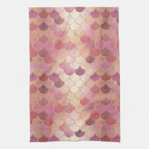Rose Gold Shimmer Mermaid Scale Pattern Kitchen Towel