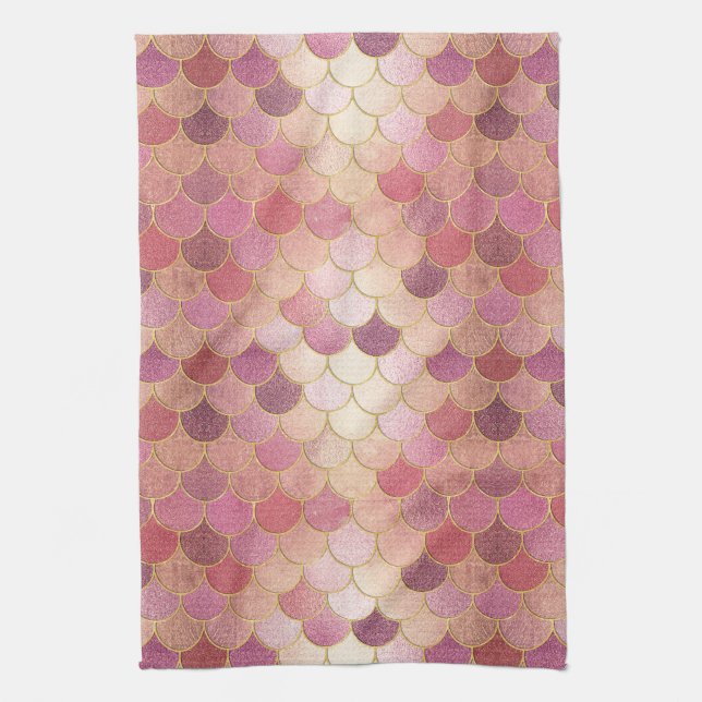 Rose Gold Shimmer Mermaid Scale Pattern Kitchen Towel (Vertical)